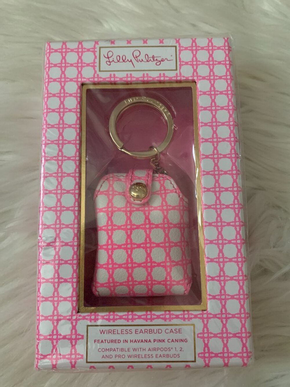 LILLY PULITZER Havana Pink Caning Wireless Apple Earbud Case Key Ring